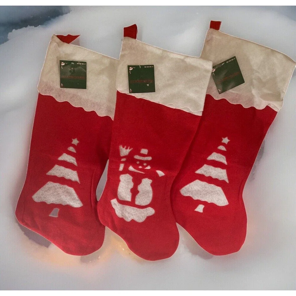 Vintage Large Red Felt Stockings 25.5” Set Of 3 Snowman Trees With Tags NOS